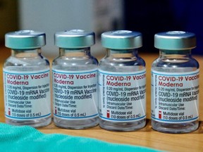 This picture shows Moderna vaccines against COVID-19 coronavirus. PHOTO BY SAM YEH /The Associated Press