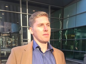 Former Mount Royal hockey captain Matthew Brown leaves the Calgary Courts Centre. Brown is accused of attacking an MRU professor Janet Hamnett in her Springbank Hill home in 2018.