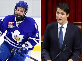Prime Minister Justin Trudeau took the unusual step of criticizing a professional sports team when he weighed in on the Montreal Canadiens' selection of scandal-hit London Knights prospect Logan Mailloux. (File photos)