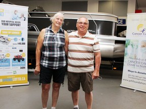 Audrey and Leo Dunphy of Harlowe, Ont., near Cloyne, grand prize winners of the Pembroke Regional Hospital Foundation Spring Lotto for Healthcare, were all smiles June 29 when  they picked up their 2021 Princecraft pontoon boat, which was provided by RG Dick Plummer.