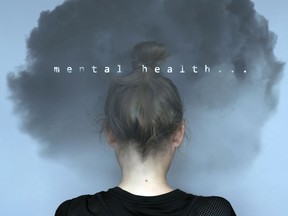 Girl with dark cloud on your head and text. Mental health care concept. Anxiety problem. Sad expression. Asian woman. Great design for any purposes. Stock photography.