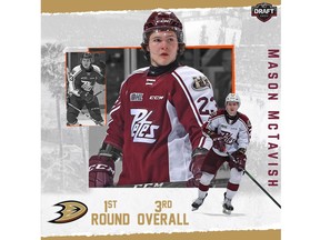Former Pembroke Lumber Kings Mason McTavish was selected third overall by the Anaheim Ducks in the NHL Entry Draft, held virtually Friday, July 23.