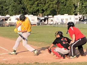 Tommy Serran of the Pembroke Athletics swings at a pitch during a regular season game against the Bamford Braves at Riverside Park during the 2019 season of the Ottawa Valley Men's Baseball League. The league returns to action Aug. 6 at Riverside Park.