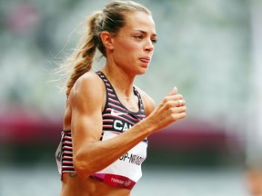 Melissa Bishop-Nriagu of Canada in action during the women's 800-metre heats at the 2020 Tokyo Olympics. She finished fourth in her heat and did not advance.