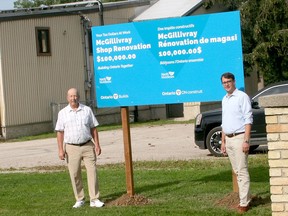 Lambton-Kent-Middlesex MPP Monte McNaughton, right, stopped by the North Middlesex works shed in McGillivray on July 22 to announce $100,000 in COVID-19 Resilience Infrastructure funding toward a renovation project on the building. With McNaughton is North Middlesex Mayor Brian Ropp. Scott Nixon