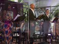 From left, Neema Bickersteth, Marcus Nance, Robery MArkus and Vanessa Sears perform in Why We Tell the Story, the cabaret tht opened the 2021 season of the Stratford Festival.
(David Hou/Stratford Festival)