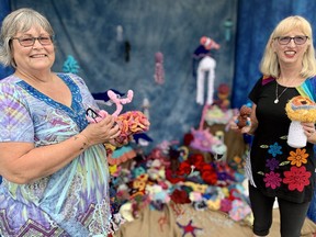 Gallery Stratford’s Steelbox Art Lab has reopened its doors with the Stratford Crochet Coral Reef Project, the first exhibit since 2019 inside the cozy shipping container beside the YMCA. Pictured are artists Vicki Ryder, left, and Sherrie Hearn-Smith.