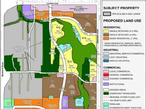 The existing secondary plan for development area two. A home builder is looking to convert part of the lands zoned commercial along Confederation Line for more residential. (City of Sarnia photo)