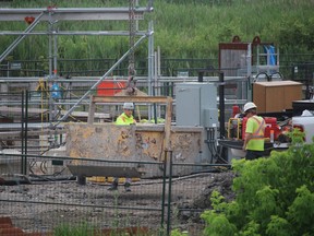Work continues on a new pumping station near Plank and Indian roads in Sarnia. It's part of the city's $49-million sewer upgrade project and was delayed in recent months by an undocumented well crews found 40 feet down in the excavation site. (Paul Morden/The Observer)