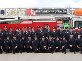 Norfolk County Fire Department has begun a recruitment process for volunteer firefighters to fill vacancies at five fire stations. Pictured are department officials and recruits from the Class of 2019. CONTRIBUTED