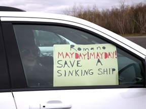 Protesters took part in a car rally to fight Laurentian University program closures in Sudbury, Ont. on Friday April 30, 2021. John Lappa/Sudbury Star/Postmedia Network