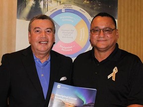 Tony Jocko, left, proudly displays a copy of an Aboriginal Cancer Strategy, along with Patrick Madahbee, then grand council chief with the Anishinabek Nation, at a media launch in Toronto in 2015. Supplied
