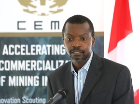 Charles Nyabeze, vice-president of business development and commercialization at the Centre for Excellence in Mining Innovation (CEMI), makes a point at a funding announcement in Falconbridge, Ont. on Tuesday July 13, 2021. The $40 million investment by the federal government is supporting the creation of the Mining Innovation Commercialization Accelerator (MICA) network, a project of CEMI. The total cost of the project is $112.4 million. John Lappa/Sudbury Star/Postmedia Network