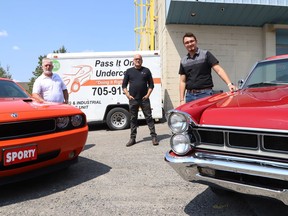 Wade Hein, left, of Pass It On Undercoating, Mike Zimmer, sales manager of Victory Lube, and Joseph Gregorini, of Ponterio Developments, are inviting the community to Sudbury CARes car show in Sudbury, Ont. on September 12, 2021. The event, which is being organized by Hein and Gregorini and sponsored by Victory Lube, Lee Valley Motors and Sudbury Auto Glass, is a fundraiser to support the Sudbury Food Bank and the NEO Kids Foundation. The car show will be held at the Verdicchio Ristorante parking lot on Kelly Lake Road from 8 a.m. to 5 p.m. Larry Berrio will be performing at the show. Entry to the event is a donation at the gate. John Lappa/Sudbury Star/Postmedia Network