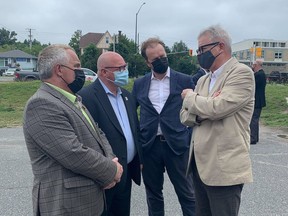 From the left are Nickel Belt MP Marc G. Serré, Mayor Brian Bigger, Sudbury MP Paul Lefebvre, and Adam Vaughan, MP for Spadina-Fort York and Parliamentary Secretary to Ahmed Hussen, the minister responsible for Canada Mortgage and Housing Corporation. They were in Sudbury on Tuesday to announce funding for house. Supplied