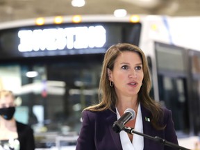 Caroline Mulroney, Minister of Transportation, makes a point at a funding announcement in Sudbury, Ont. on Wednesday July 21, 2021. Greater Sudbury received nearly $2.9 million from Ontario's Gas Tax program to support the expansion and improvement of vital transit and transportation infrastructure. John Lappa/Sudbury Star/Postmedia Network