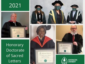 Top Left: Dr. Scott Darling, Honorary Doctorate of Sacred Letters recipient. Top: Ms. Mary-Liz Warwick (chair, Huntington University Board of Regents), Mrs. Bela Ravi (chancellor, Huntington University), Kevin McCormick (president and vice-chancellor, Huntington University). Centre: Dr. A. Oluremi Odulana-Ogundimu, Honorary Doctorate of Sacred Letters recipient. Bottom Right: Dr. Richard Rainville, Honorary Doctorate of Sacred Letters recipient. Supplied