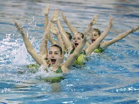 Members of the Sudbury Synchro Club 11-12 team compete in the team routine event at the Jeno Tihanyi Olympic Gold Pool in Sudbury, Ont. on Sunday March 11, 2018. The pool has been closed for more than a year and Laurentian University saysit is unlikely the facility will re-open in 2021, even if public health guidelines allow. Gino Donato