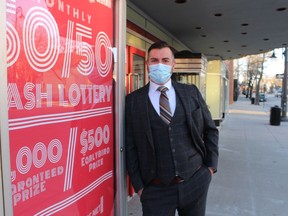 Executive director Brian Austin Jr. stands outside the Imperial Theatre in downtown Sarnia. A successful online monthly 50-50 draw is helping the not-for-profit live entertainment venue weather the pandemic lockdown. Paul Morden/Postmedia Network