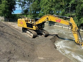 Dredging work at Cow Creek in Sarnia took place in early July, taking the creek to a depth of about two metres, Sarnia's construction manager says. Plans are to dredge even deeper this fall. (City of Sarnia photo)