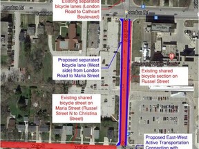 New bike lanes are planned for a stretch of Russell Street by Bluewater Health. (City of Sarnia photo)