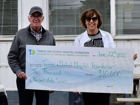 Gord Wilson and June Woodburn of Western Auto Sales in Timmins have donated $10,000 to the Timmins & District Hospital Foundation which will be used to purchase equipment and help to address other high priority equipment needs within the hospital. "The support of our community throughout the COVID-19 pandemic has been incredible," said Kate Fyfe, the hospital's president and CEO. "Contributions like these not only allow us to support the provision of quality patient care, but reinforce that Timmins truly is the City with a Heart of Gold."

Supplied
