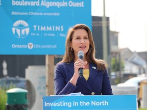 Ontario Transportation Minister Caroline Mulroney was in Timmins Monday to announce $3 million in provincial funding for the continuing repairs to the Connecting Link project. The press conference was held at a small parkette at the corner of Charles Street and Algonquin Boulevard, providing those in attendance with a clear view of the construction currently underway.

ANDREW AUTIO/For The Daily Press