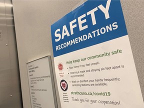 Strathcona County updated it signage within county-owned buildings to reflect the province's Stage 3 reopening, which included lifting measures for mandatory masking. As of Thursday, July 8, there were 11 total active cases of the virus reported by Alberta Health in Strathcona County — seven in Sherwood Park and four in the rural portion of the county. Lindsay Morey/News Staff