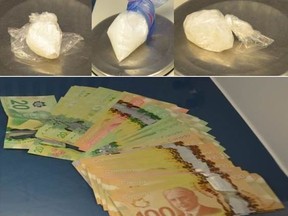 Chatham-Kent police seized approximately $13,700 worth of suspected methamphetamine and cocaine as well as Canadian and American currency during drug busts in Wallaceburg, Ont., on Wednesday, July 28, 2021. (Chatham-Kent Police Service Photo)
