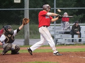 Braydon Verschueren got a piece of this Walsingham pitch Friday night during a Tillsonburg Red Sox 6-0 win at Sam Lamb Field. (Chris Abbott/Norfolk and Tillsonburg News)