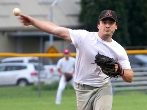 Walsingham Senators' Keenan Coderre delivers a pitch during their Southern Counties men's baseball season opener in Tillsonburg. (Chris Abbott/Norfolk and Tillsonburg News)