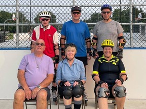 A small but enthusiastic group of 'gliders' tested the parking lot north of the Scott McLean Outdoor Recreation Pad near the Tillsonburg Community Centre for use by senior inline and rollerskaters. Two skating nights are planned for the senior community August 4th and August 11th, 6:30-8:30 p.m. There will be music from the 50s and 60s. From left are (front) Dan Hooyer, Joan Mahony, Leslie Kamps, (back) Dan Mahony, Tim Magnus, and Craig Milton. (Submitted)