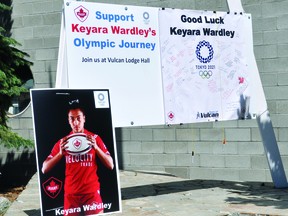 Vulcan's Keyara Wardley has received lots of community support as she and the rest of Canada's women's rugby sevens team goes for gold at the Tokyo Olympics. People can sign a card at the Bell Park along Centre Street between 9 a.m.and 4 p.m. on weekdays, and many Vulcan businesses are showing their support for Wardley in their front windows. As well as setting up this sign, the Town of Vulcan has placed signage by the Highway 23 entrance and plans to show some of Canada's games at the Vulcan Lodge Hall.