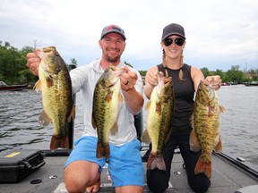 Jeff and Shelby Gustafson with some bass from the 2020 Shoal Lake Bass Classic. Tournaments around the region are popular with local anglers.
