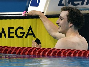 Kenora's Gabe Mastromatteo cracks a smile following a race at the Olympic Swimming Trials in Toronto on June 20. The 19-year-old will be swimming with Team Canada at the Tokyo Olympics in August.