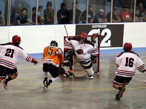 Owen Sound North Stars forward Matt MacLeod (15) - shown here narrowly missing a goal against Six Nations Rivermen goaltender Warren Hill in Game 5 of their Ontario Senior B Lacrosse League semi-final at the Gaylord Powless Arena in 2018 - will suit up for Owen Sound's next Major Series Lacrosse franchise during a summer exhibition season. Greg Cowan/The Sun Times.