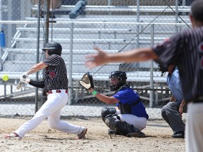 Carter Dolbear (No. 34) takes a cut as the Owen Sound Selects under-23 team returned to action at Duncan McLellan Park in Owen Sound Saturday afternoon. The Selects played four exhibition games against alumni and local ball players. Greg Cowan/The Sun Times