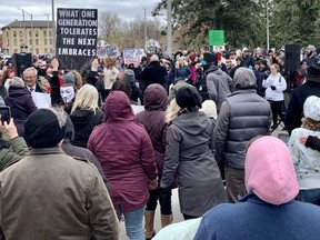 Stratford police charged a total of 14 people in connection with a rally in Stratford organized by No More Lockdowns Canada April 25 that drew in more than 700 participants. (Cory Smith/Beacon Herald file photo)