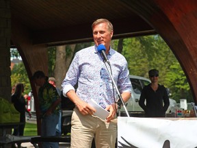 People's Party Leader Maxime Bernier speaks at a rally in North Bay, Sunday afternoon, in Lee Park. Michael Lee/The Nugget