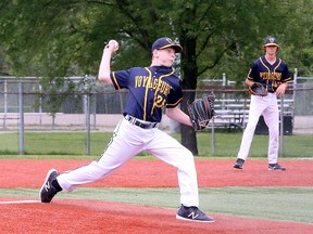 Ryan Spencer (26) of the Sudbury Voyageurs pitches during Premier Baseball League of Ontario action at Terry Fox Sports Complex in Sudbury, Ontario on Saturday, July 31, 2021.