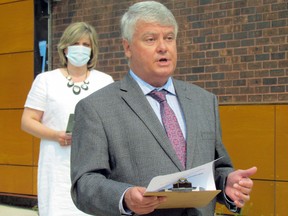 Sault Ste. Marie MP Terry Sheehan, with Algoma District School Board director of education Lucia Reece in the background, makes a funding announcement Tuesday morning at Kiwedin Public School. JEFFREY OUGLER/SAULT STAR