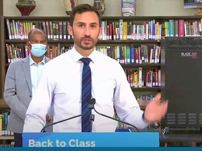 Stephen Lecce, Minister of Education, said in a virtual announcement from Thornhill Wednesday the province is spending $25 million to purchase the high-efficiency particulate (HEPA) air filters as “an added layer of protection” for students on top of existing air-exchange units in schools.