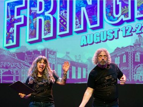 Megan Dart, left, interim executive director, and Murray Utas, artistic director, host a telethon fundraiser for the Edmonton International Fringe Theatre Festival at the Westbury Theatre, in Edmonton. Tickets for this year's festival go on sale Aug. 4, 2021.