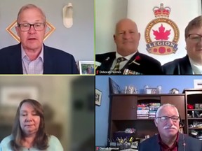 Veterans Affairs Minister Lawrence MacAulay, top left, on Thursday announces funding for three organizations. Among the news conference's participants were Trenton Legion President Al Plume and office manager Deborah Holmes, top right, the Canadian Virtual Hospice's Sherry Cory, bottom left, and parliamentary secretary Donald Samson, bottom right.