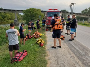 St. Marys firefighters practice their knots and hitches prior to a water rescue training session on the Thames River. (Contributed photo)