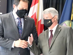 Mayor Christian Provenzano speaks with MP Terry Sheehan following a FedNor funding announcement at Civic Centre on Thursday, Aug. 5, 2021 in Sault Ste. Marie, Ont. (BRIAN KELLY/THE SAULT STAR/POSTMEDIA NETWORK)