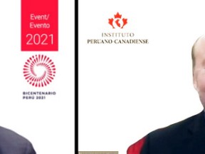 Kevin McCormick (left), founding president of the Peruvian Canadian Institute, and president and vice-chancellor of Huntington University and Roberto Rodríguez Arnillas, Ambassador of Peru to Canada, and PCI Distinguished Fellow (Inaugural recipient - 2021). Supplied