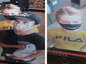 Haldimand OPP have released surveillance camera images of two suspects sought after an officer was struck while trying to apprehend the driver of a stolen truck on Saturday in Dunnville, Ontario.