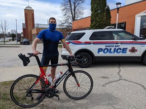 North Bay Police Officer Const. Steven Brown will be riding 500-kilometres in the month of August to raise $500 in the Great Cycle Challenge Canada to help combat cancer in children.