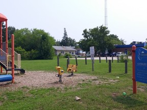 This tired, well-used Town park on Waterloo St. in Port Elgin is one of three Town parks to get new playground equipment, chosen  with the help of an online citizen survey that will also help design and equip a new park at the north end of Port Elgin. [Frances Learment]